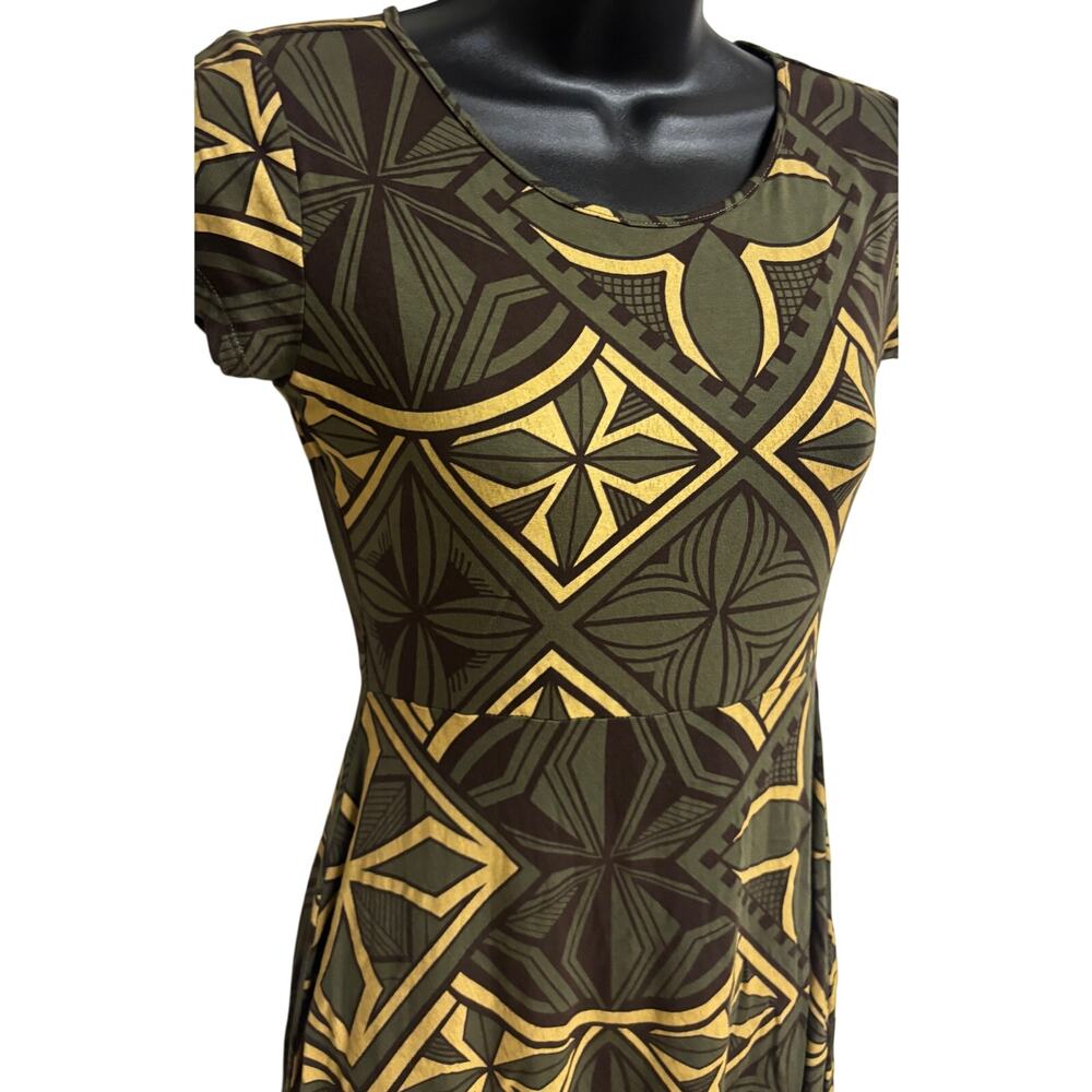Tanoa Girls 14 Tribal Print Dress Olive Green Gold Short Sleeve Tribal Samoan - Picture 3 of 8